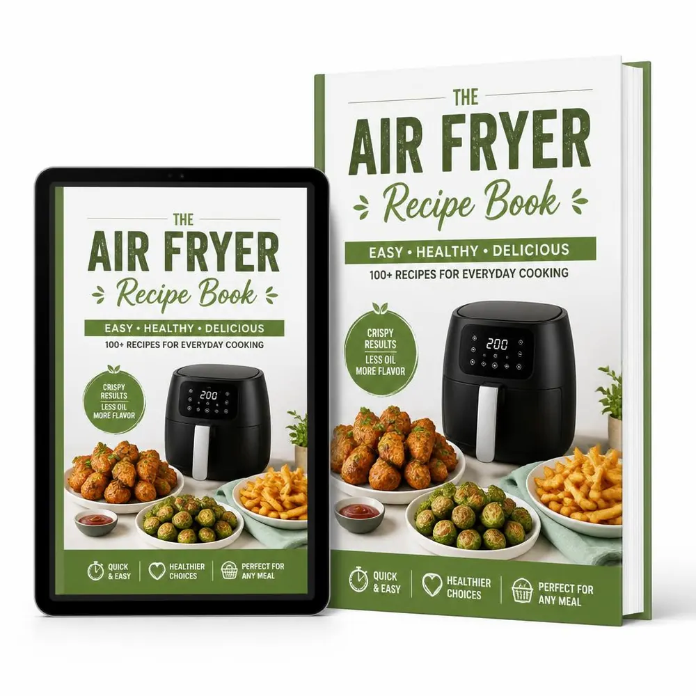 Mockup do eBook +200 Receitas para Air Fryer no tablet e impresso